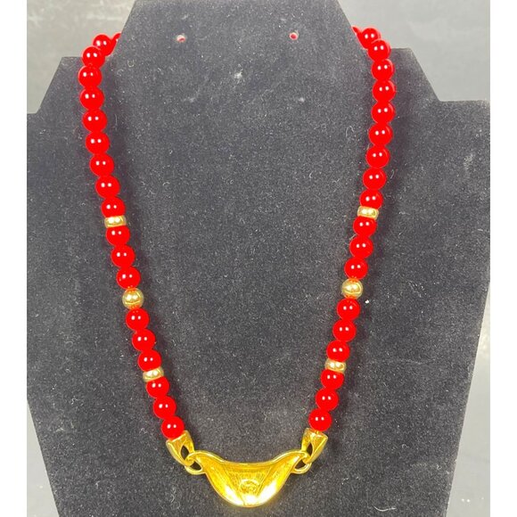 Napier Enamel Pendant Necklace Signed Red Gold Tone Bead Business Classic VTG - Picture 4 of 10